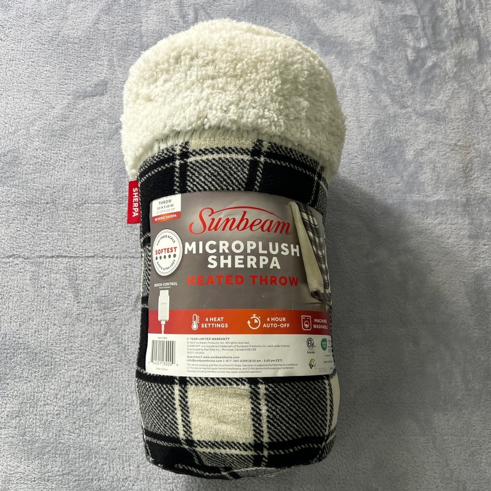 Sunbeam Microplush Sherpa Heated Throw Blanket 50x60 Black Plaid 4 Heat Auto Off